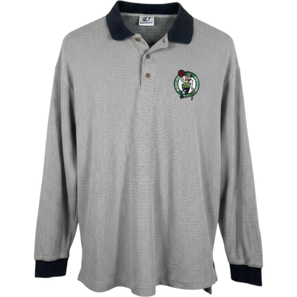Dynasty Boston Celtics Mens Long Sleeve Waffle Knit Polo Shirt Gray NBA Logo
